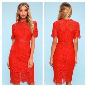 Lulu’s Remarkable Red Lace Midi Dress size Large NEW NWT